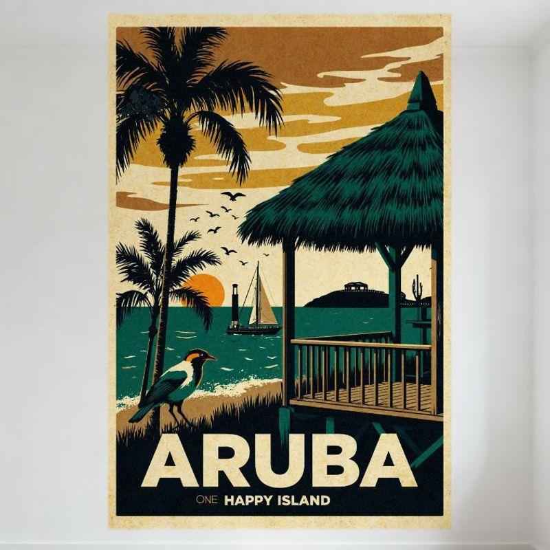 Vintage  ONE HAPPY ISLAND  Aruba Travel Metal Tin Sign - Tropical Beach, Palm Trees, Ocean, Lighthouse Wall Art for Home Bar Caf 20x30cm（7.8x11.8inch）