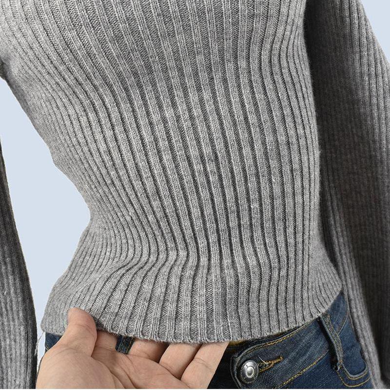 French Style Temperament Fall and Winter Square Collar Slimming Slim and Sexy off-Shoulder Short Knitted Long Sleeve Sweater Base Tops Women