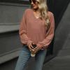 Fall Winter Women's Solid Color V Neck Loose Long Sleeve T-shirt Top Casual Daily Wear For Women