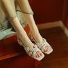 Fashion NEW Summer Women Sandals Square Toe Chunky Heel Shoes Split Leather Shoes for Women Narrow Band Flowers Buckle Strap Sandals