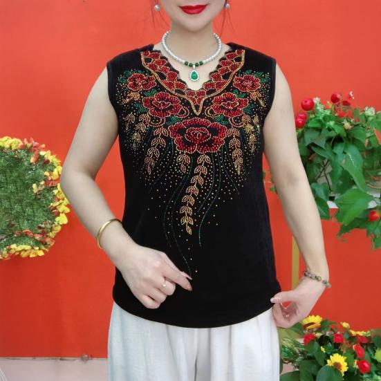 Women Summer Tops V-Neck Sleeveless Loose Fit Tank Tops Hot Drill Flower Printed Tops