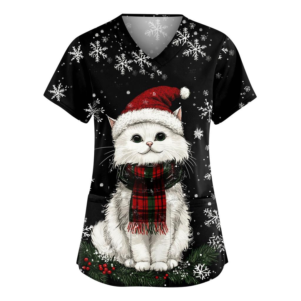 Damen Modische V-Ausschnitt Arbeitskleidung Weihnachten Bedruckt Kurzärmlig Tasche Seitenschlitz Arbeitskleidung Basic Pullover Top