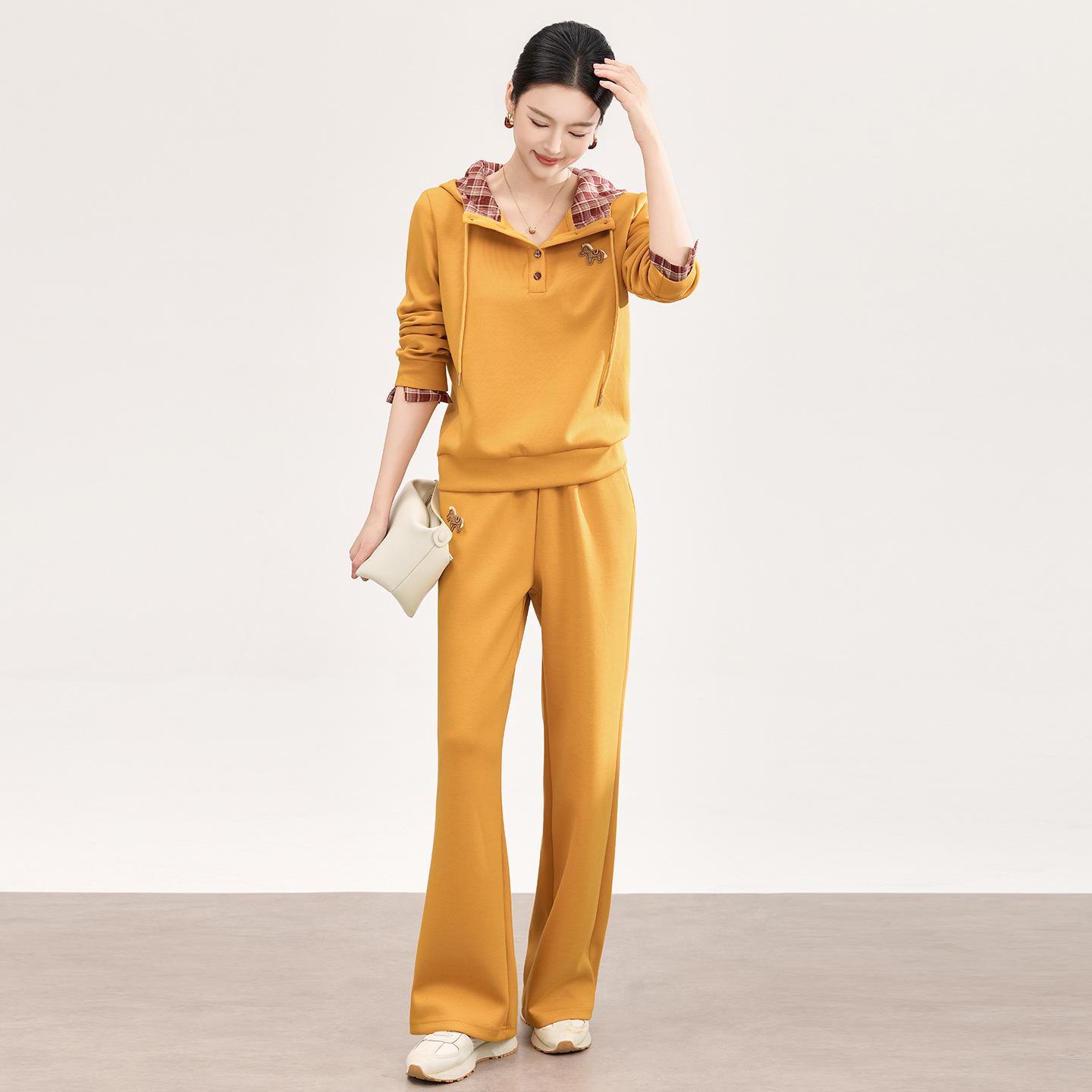 

Salt-Toned Women s Casual Sporty Hooded Set: Color Block Hoodie + Wide Leg Pants Double Extra Large жёлтый