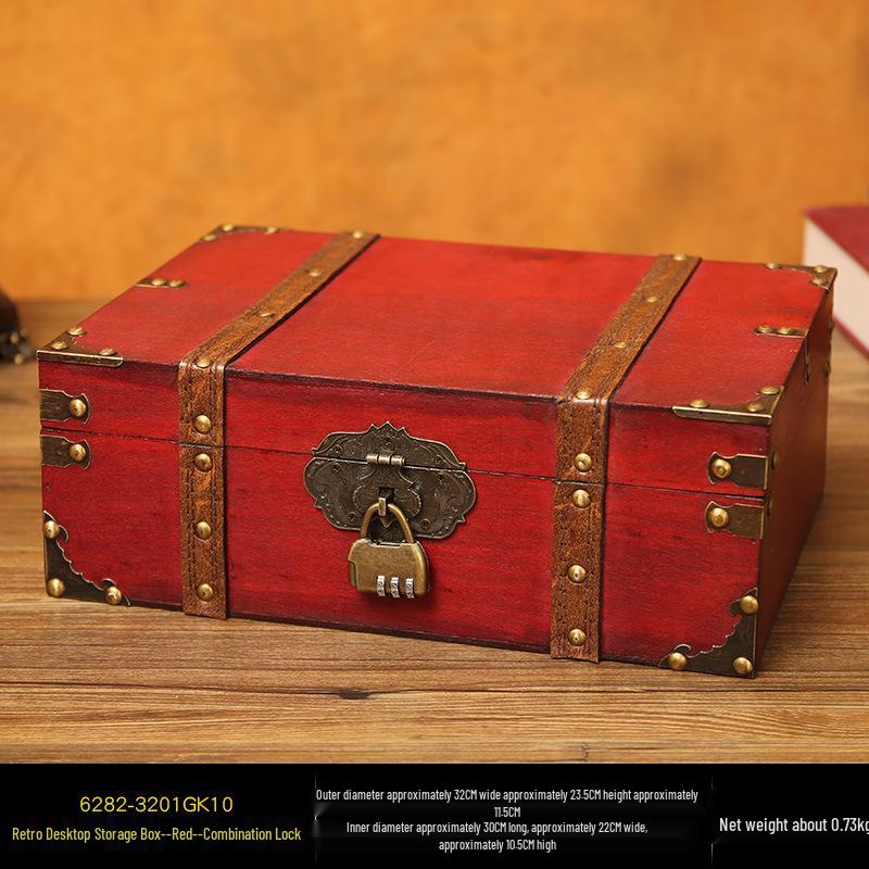 Retro Wooden Rectangular Storage Box Set with Lock - Creative Organizer & Decorative Props