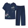 2 Pcs/Set Women Top Pants Set O Neck Flower Print Grandma Style Elastic Waists Summer Pajamas Set for Daily Wear