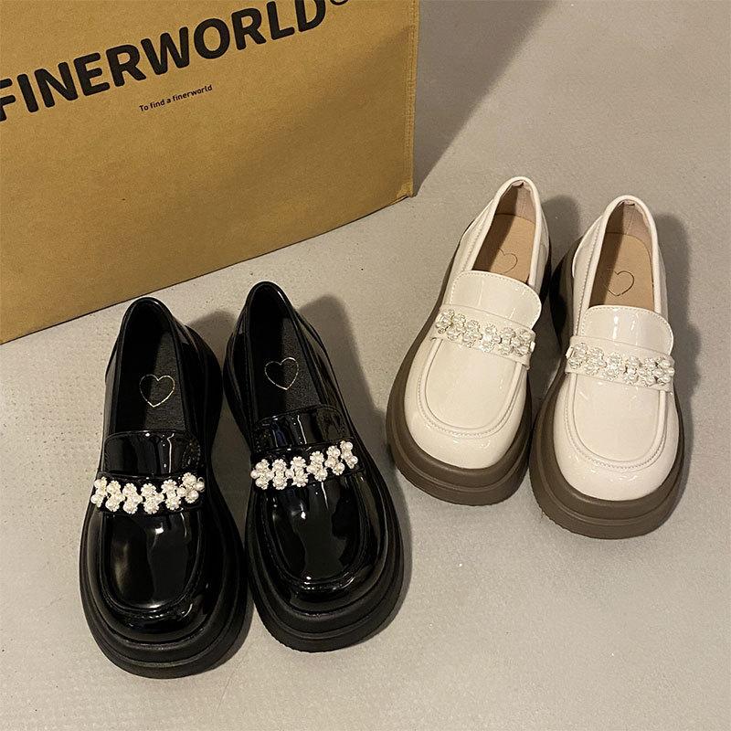 British style small leather shoes women's spring new French pearl with skirt round head muffin platform loafer single shoes