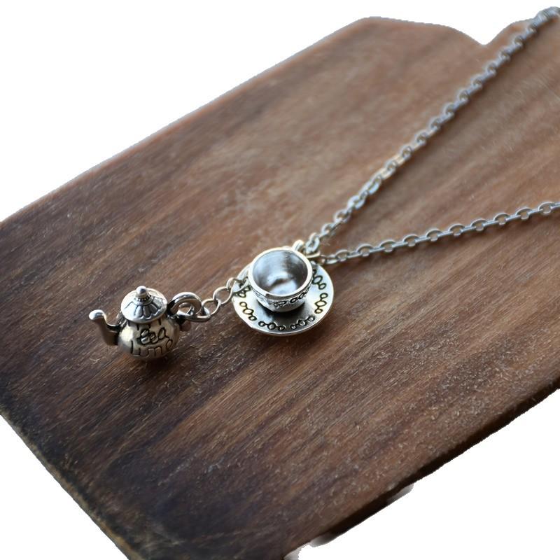 Retro Coffee & Tea Cup Pendant Necklace - Unique Sweater Chain Accessory