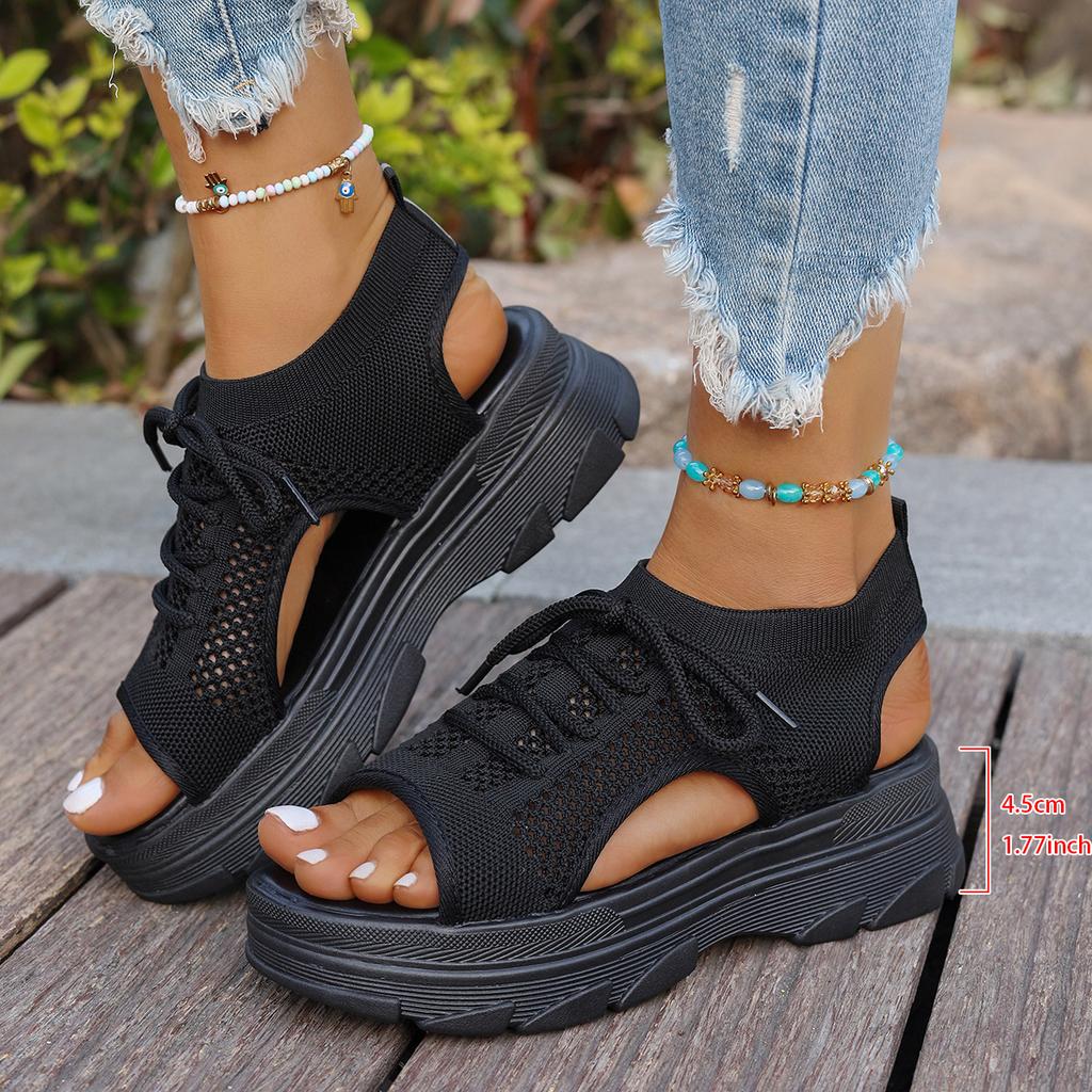 Fashion Women Sandals Comfortable Knitted Sporty Platform Sandals Peep Toe Lace-Up Designer Versatile Casual Slingback Shoes for Women