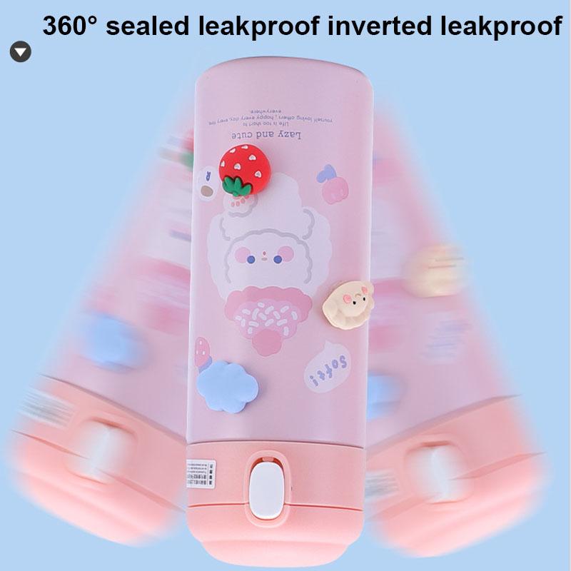 380ml Cute Cartoon Thermos Cup Stainless Steel Bouncing Cover Straw Mini Vacuum Flask Outdoor Water Bottle