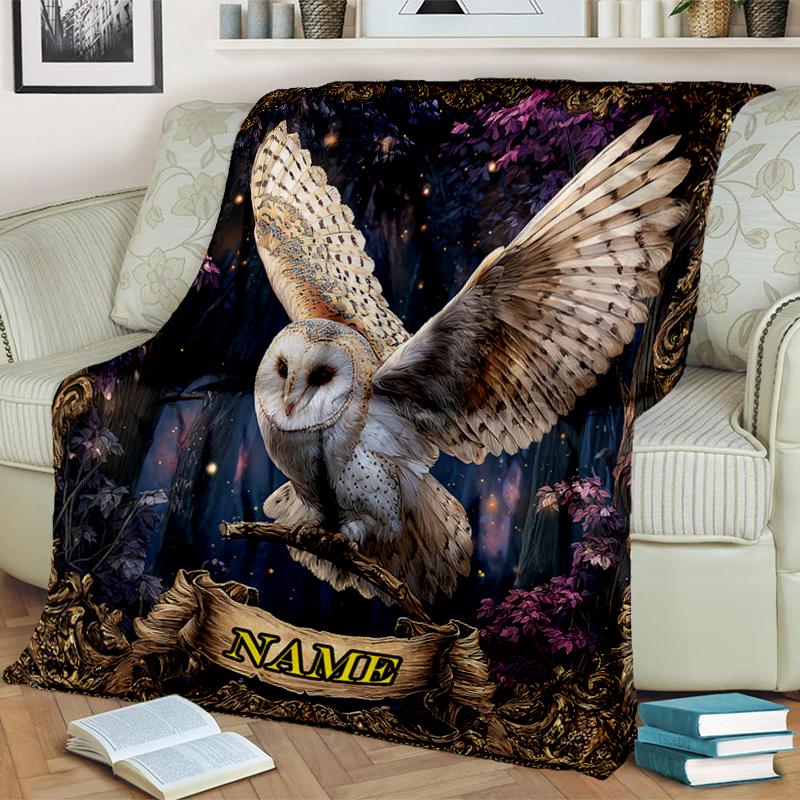1PC Custom Name Ethereal Owl Fantasy Art Flannel blankets Patterns Throw Blanket All-Season Soft Gift for Couch, Bed, Camping gifts