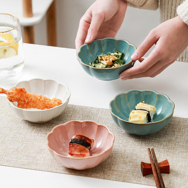 6-Piece Ceramic Banchan Bowls Set, Korean Style Flower Shape Kimchi Dishes, 4.3 Inch Appetizer Serving Plate Dishwasher Safe