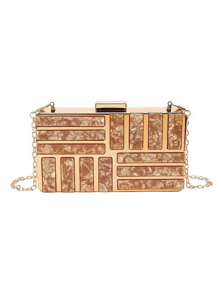 New Acrylic Banquet Bag Cross Border Banquet Handheld Gold Evening Bag Fashion One Shoulder Spliced Metal Small Square Bag