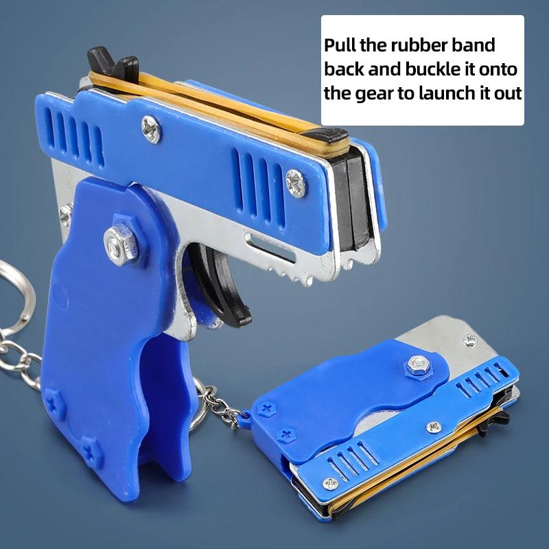 Metal Toy Gun Mini Burst Folding Rubber Band Gun Alloy Model Gun Pendant Outdoor Sports Toy Pistol Keychain for Boys Kids