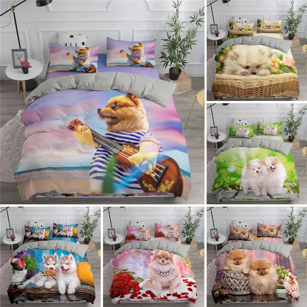 Topp Pomeranian Hund Kung Drottning Påslakan Valp Sängkläder Set för Tonåringar Vuxna Husdjur Djur Färgglad Himmel Polyester Täcke Överdrag storlek