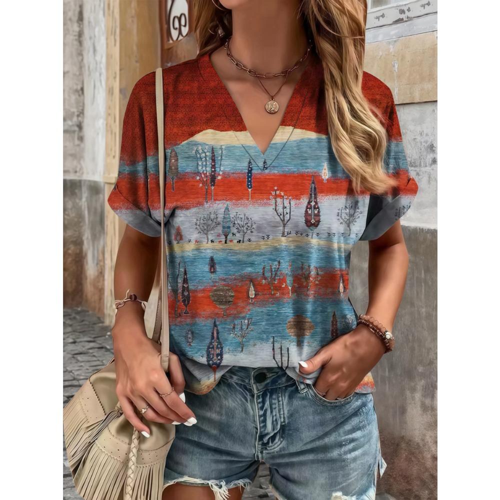 Oversized Women's V-neck Folding Sleeve T-shirt - Ethnic Flower Printed Loose Shirt, Fashionable and Elegant Summer Casual Top