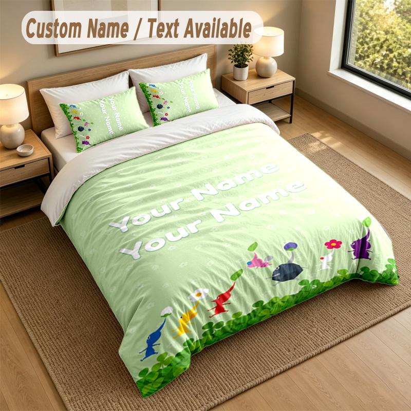 3Pcs Bedding Set Custom Name Text, 1 Sheet 2 Pillowcases Home Bed DecorPikmin