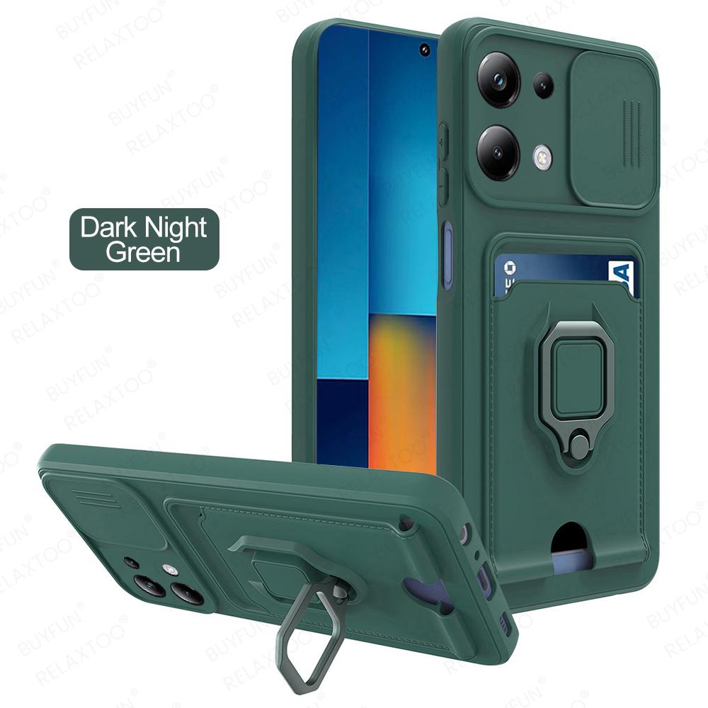 Slide Camera Lens Protection Case For Xiaomi Poco M6 Pro 4G Card Slot Stand Holder Magnetic Cover Coque PocoM6Pro Little M6Pro