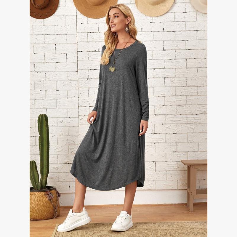 Herbst Damen Übergröße Einfarbig Lässig Langarm Kleid Gebogener Saum Lockeres Kleid