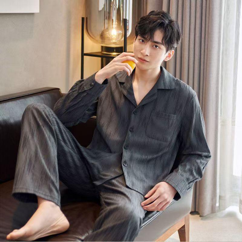 Men's Cotton Youth Lapel Pajama Set for Autumn - Casual Home and Outerwear