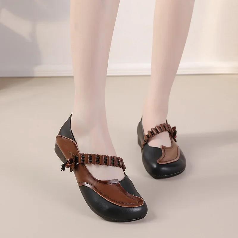 

2024 Лидер продаж, новые женские туфли на плоской подошве, кожаные оксфорды в этническом стиле, подходящая по цвету обувь для пожилых мам 36 чёрный