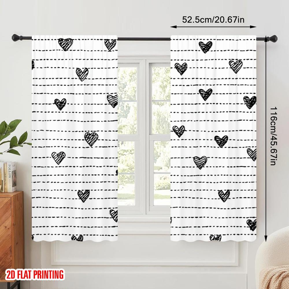 2pcs,2D Plane Printing Curtains Hearts On Wavy Lines Versatile Polyester (without Rod) Festive Ldeal for Bedroom, Living Room,