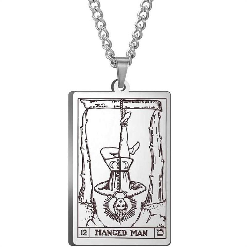 Tarot Stainless Steel Necklace Men'S Hip Hop Personality Retro Square Pendant Sweater Necklace