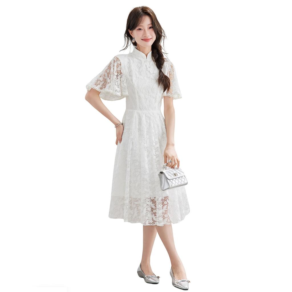 Improved lace white cheongsam women's new thin new Chinese certificate registration daily dress long dress