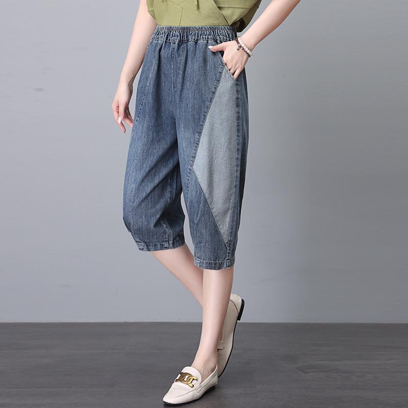 2025 Summer Women's Color Block Casual Loose Denim Shorts