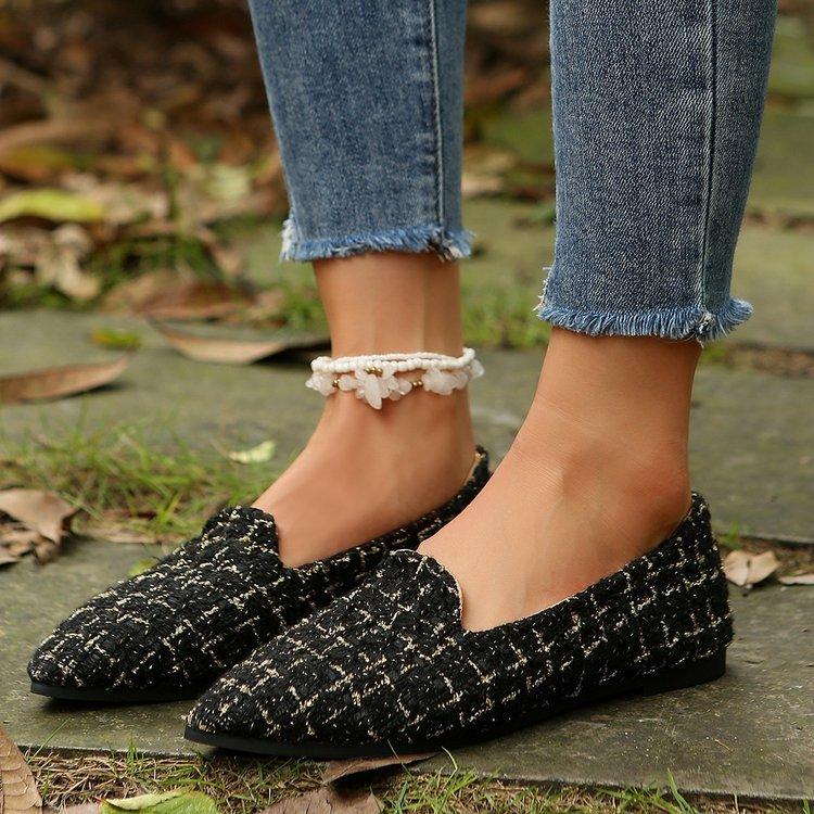 Women's French pointy head checkered flat shoes fashionable versatile commuting outdoor home temperament single shoes Le Fu shoes