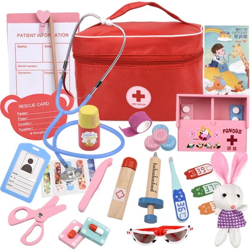 Doctor Speelgoed voor Kinderen Set Kinderen Houten Rollenspel Kit Spelletjes voor Meisjes Jongens Rood Medisch Tandarts Medicijnkist Stoffen Tassen Cadeaus