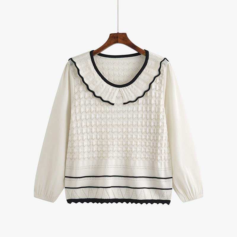 

Весенне-осенняя женская блузка больших размеров с милым кукольным воротником и ажурным верхом, с длинными рукавами, трикотаж из ледяного шелка 3XL абрикосовый