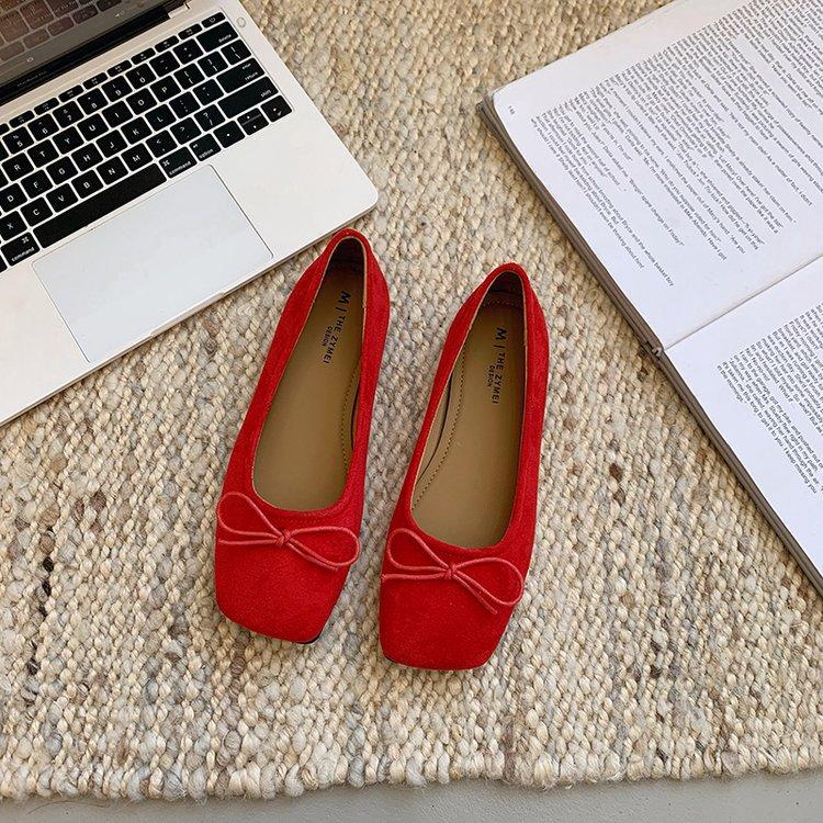 French flat bottom shallow mouth single shoes women's shoes summer 2025 new bow ladyshoes square head red boat shoes