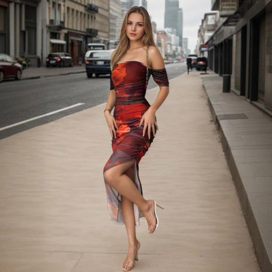 Women's Ruched Party Bodycon Midi Dress Strapless Dress Printed Backless Slit