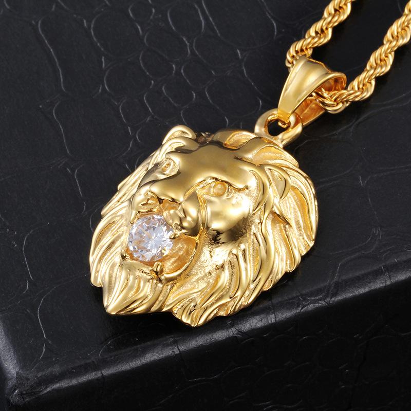 

Hip Hop 3D Gold Plated Lion Head with Crystal Bead Pendant Necklace for Men Animal Jewelry 50cm