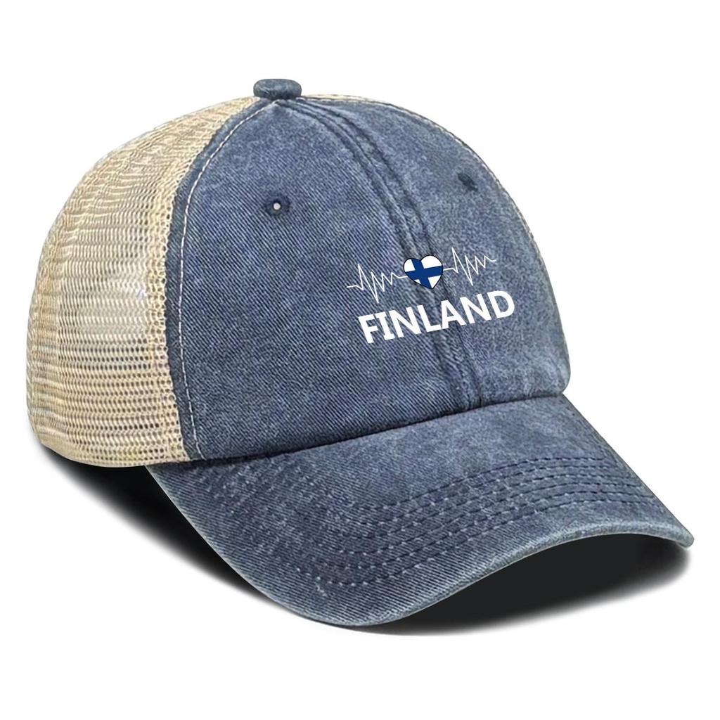 Heart Waves Finland Flag Print Adjustable Mesh Cap, Patriotic Flat Cap Unisex Vintage Lightweight Fit Adjustable Baseball Cap