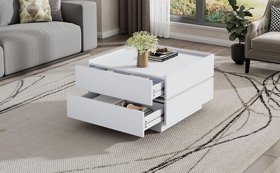 Functional Coffee Table for Living Room, 360 degrees Rotatable, Rotating Tabletop with 2 Shelves and Storage Space, Side Table Frame Pure White