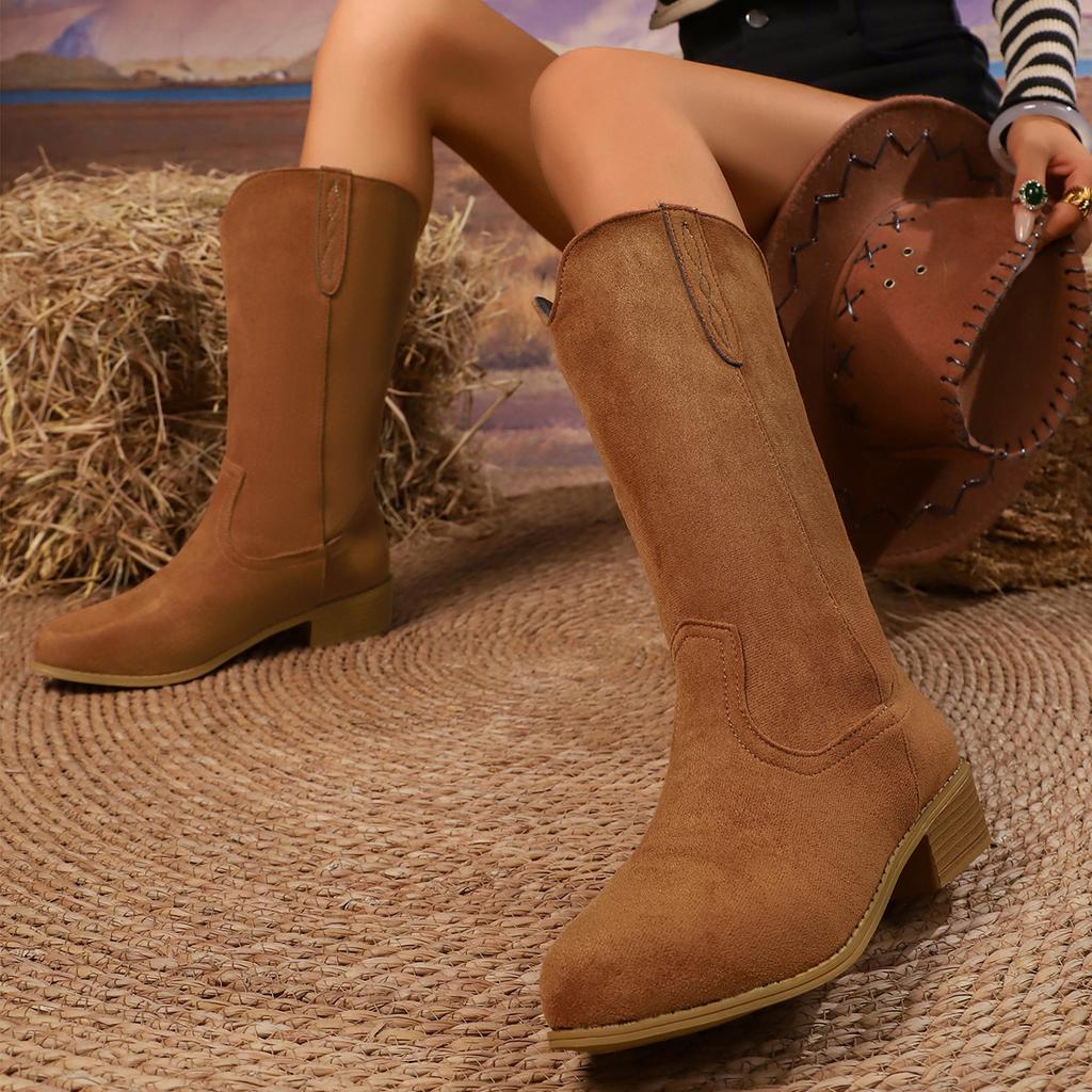 Women's Retro Western Embroidered Cowboy Boots Autumn Winter Chunky Heel Knee High Boots Woman High Tube PU Leather Botas Mujer