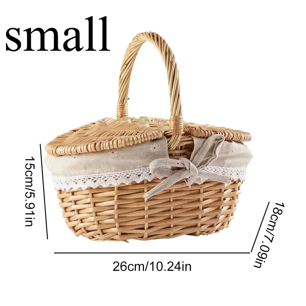 Wicker Picnic Basket with Lid Handheld Woven Basket Portable Storage Hamper for Fruits Snacks and Sweets for Outdoor Home Picnic