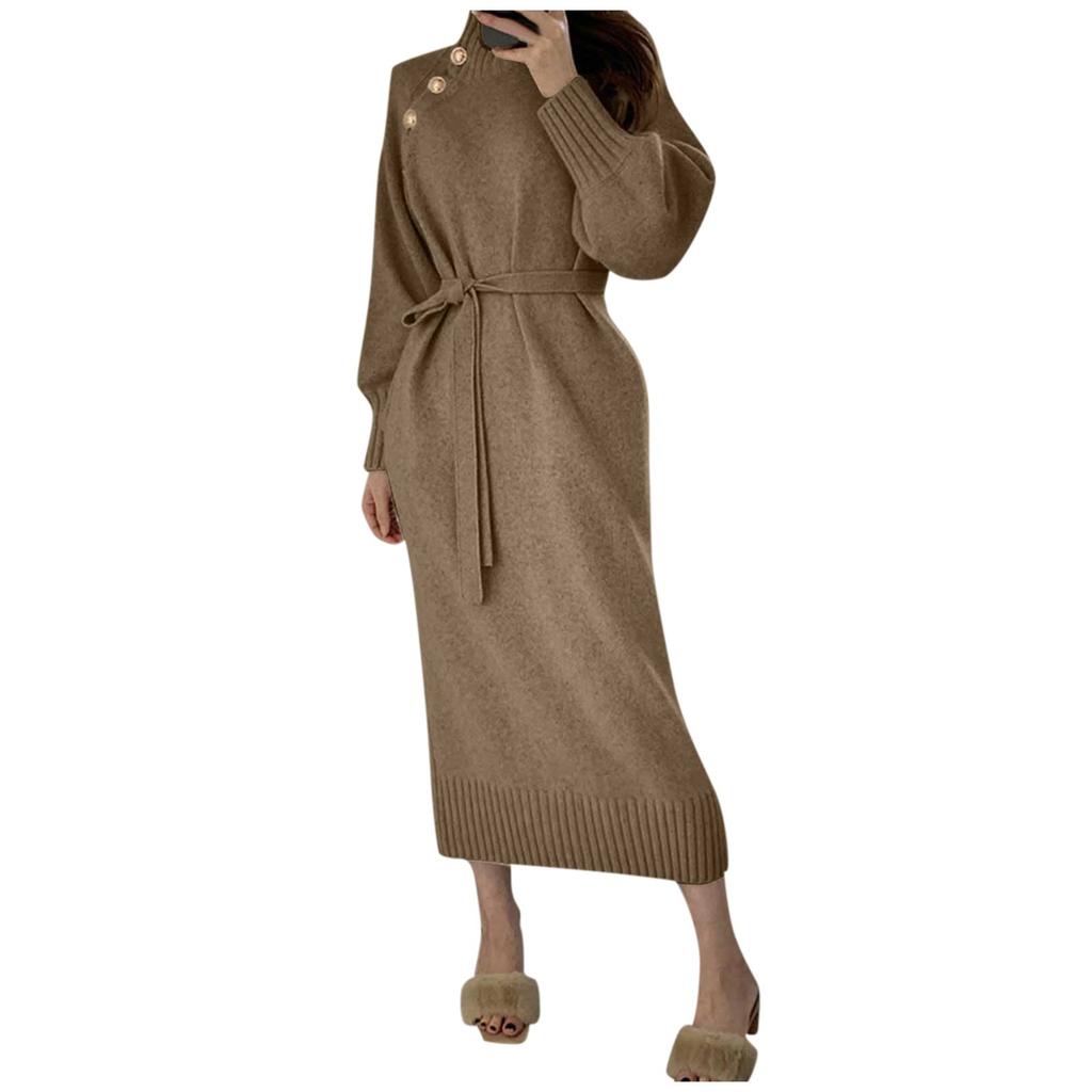 Women's And Winter Fashion Loose Turtleneck Button-down Sweater Solid Color Casual Dress