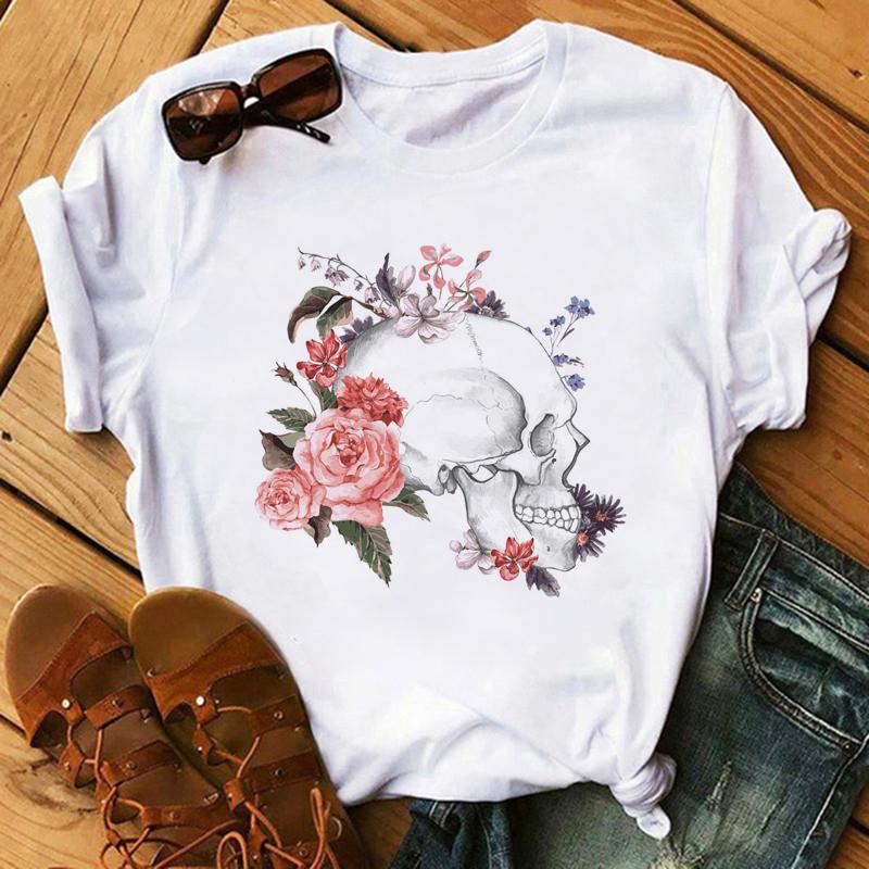 Camiseta De Arte Esttica Feminina De Flores De Caveira Roupas Punk Rock Camiseta Estampada Com Cavaleiro Roupas Fitness Vero 2020