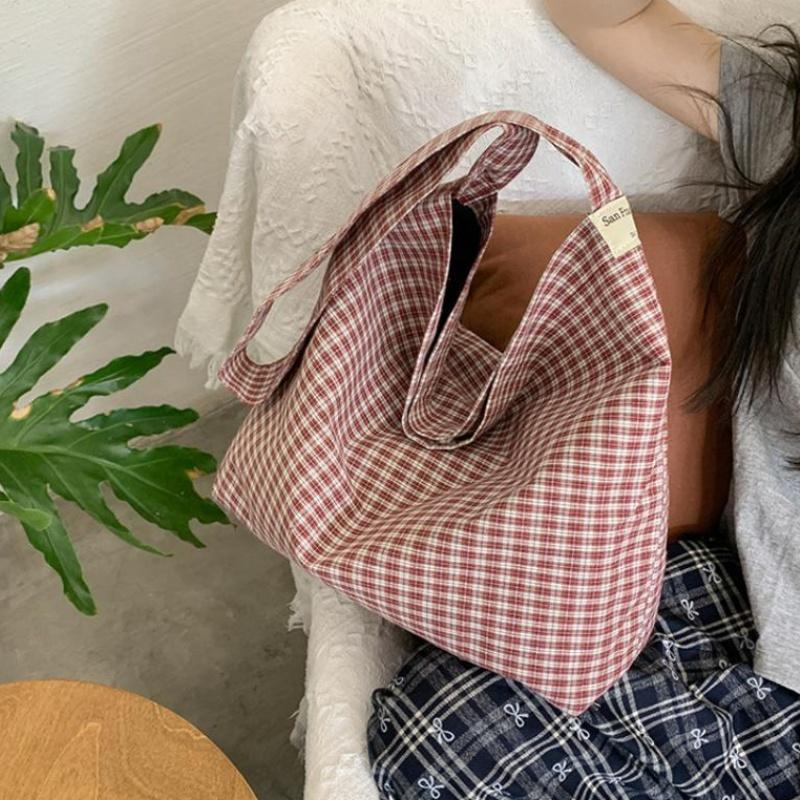 Plaid Canvas Shoulder Tote Bag Large Capacity Soft Fabric Perfect For Daily Commuting School Shopping