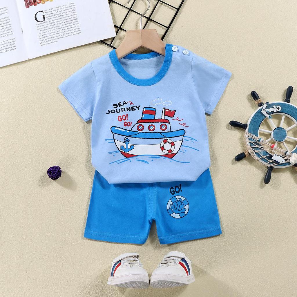 Kids' Summer Cotton Two-Piece Set: Cartoon Short Sleeve & Shorts for Toddlers