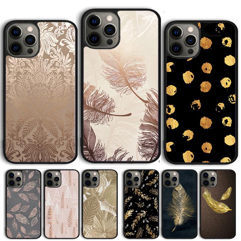 Feather Gold Foil Phone Case For iPhone 17 Air 14 15 16 13 12 Cover For Apple 14 15 16 Pro Max Plus Coque