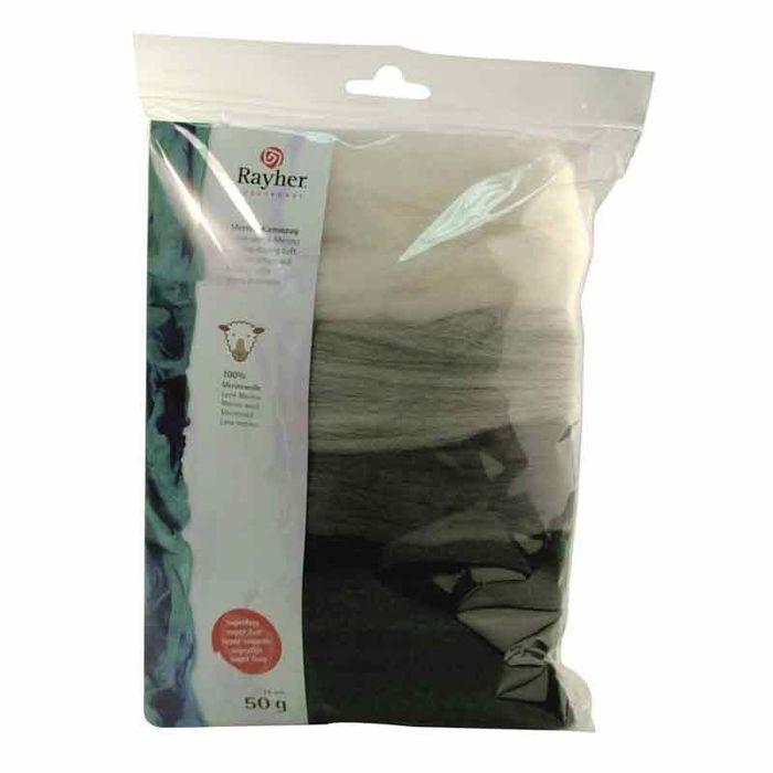 Laine peignée mérinos - Rayher - Schwarz-weiß-grau - 100% coton - Idéale pour feutrage et tricot