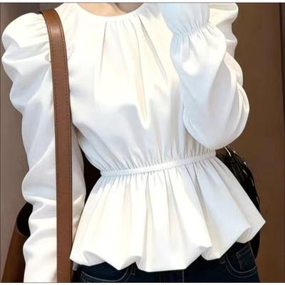 Women's Autumn French Temperament Round Neck Bubble sleevesTop High-end White Shirt
