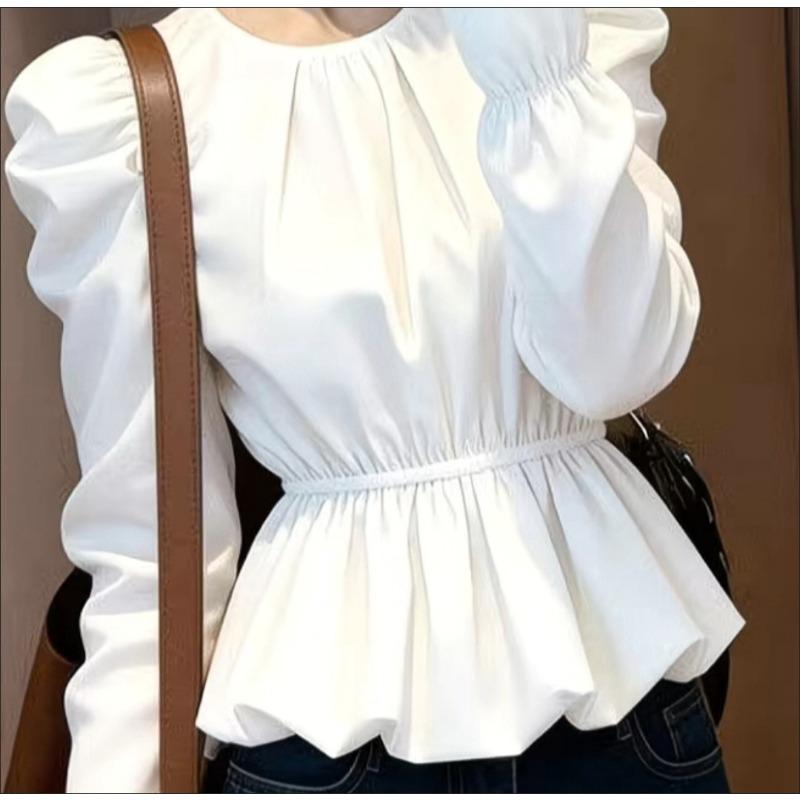 

Women s Autumn French Temperament Round neck bubble sleevesTop High-end White Shirt XXXL білий