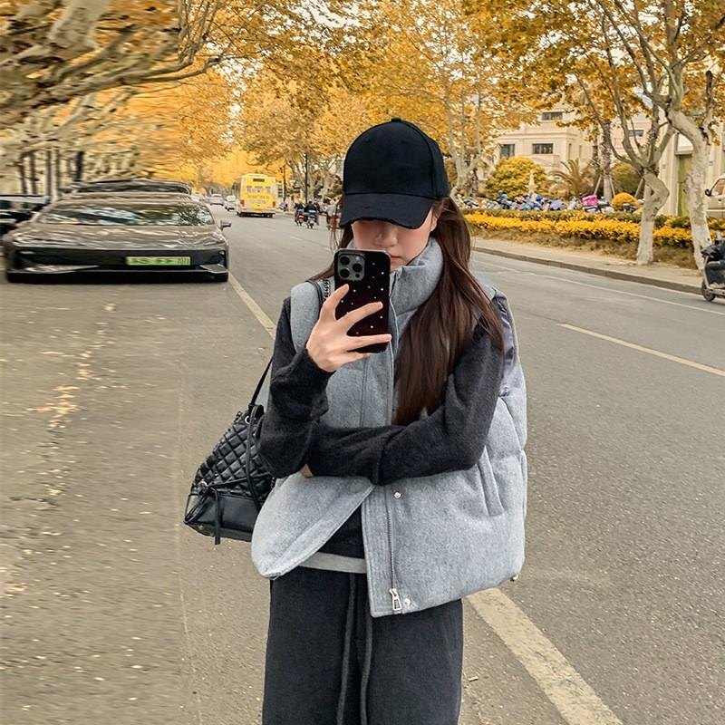 

Women s Stand-up Sleeveless Zipper Short Vest Student Causal Warm Waistcoat XS серый