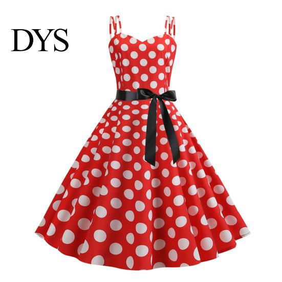 Vinatge 60s Sundress Women Dress Retro A-line Big Swing Tight High Waist Bow Decor Sleeveless V Neck Back Zipper Dot Print Contrast Color Party