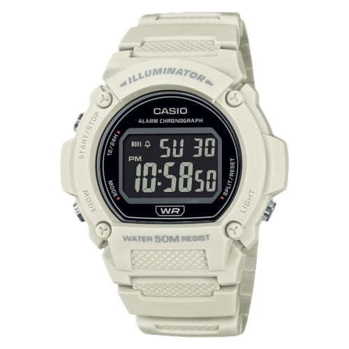 

Casio W219HC Series | Men s Digital Watch | White/Black | 50M WR | LED Illuminator | 100-Second Chronograph | 1/100-Second Stopwatch | Daily Alarm | H
