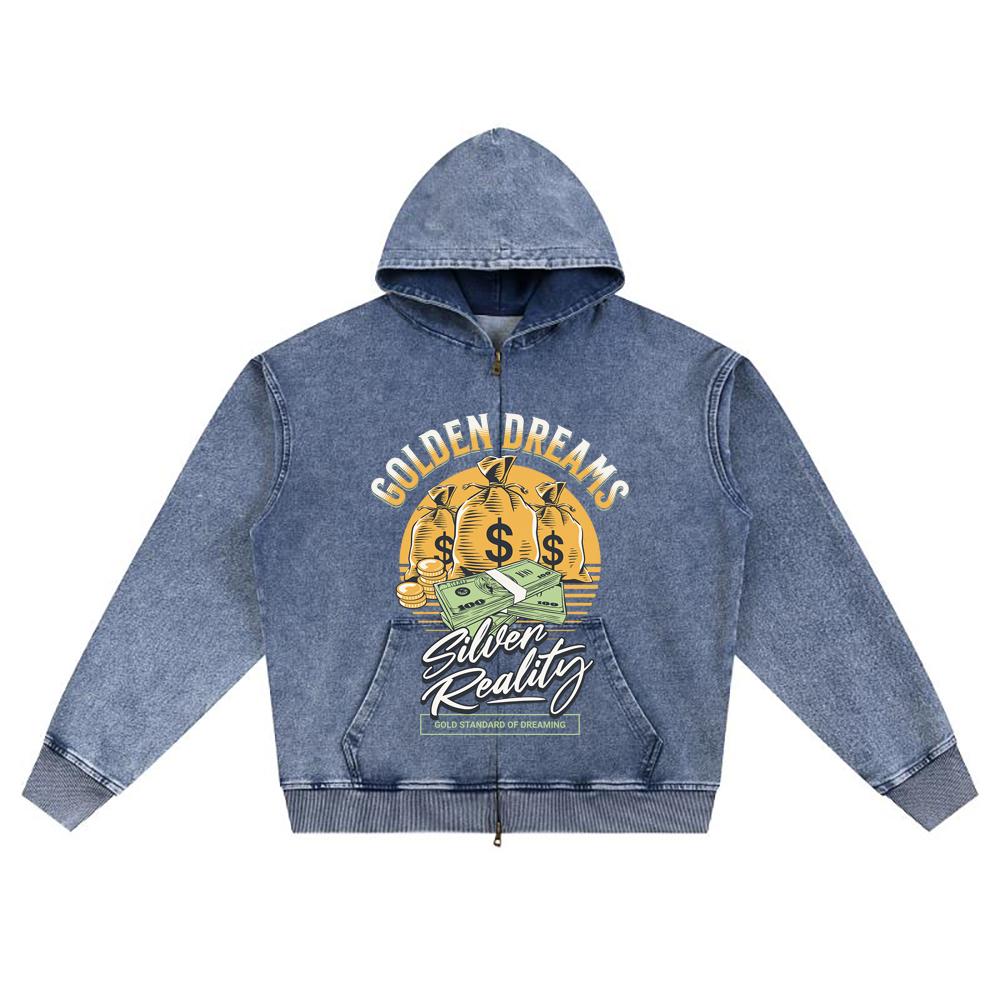 DTG-trykk Strikket Denim Zip-Up Hettegenser Golden Dreams Brother-trykk Hettegensere med glidelås